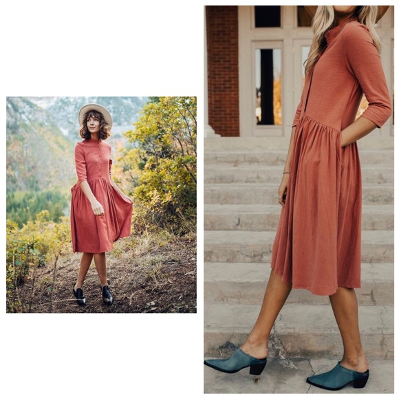 boutique Dresses & Skirts - Peach/brick Striped Linen Blend Modest Dress